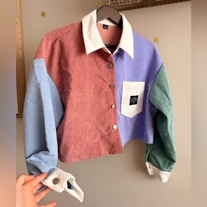Women’s Size Large Colorblock Corduroy Cropped Jacket Pastel Patchwork Button-Up